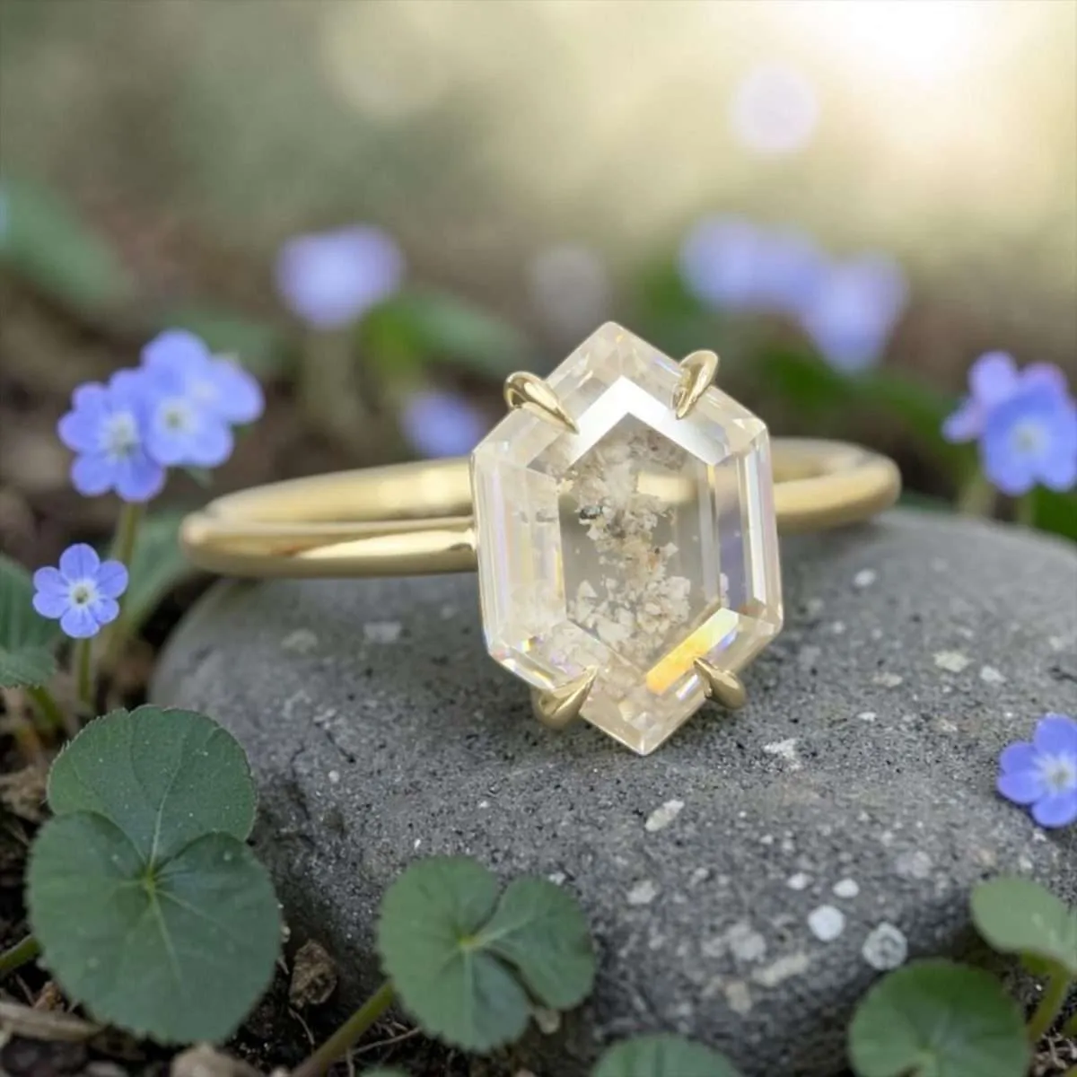 The “Iris” Ring • 9x13mm Elongated Hexagon Moissanite Cremation