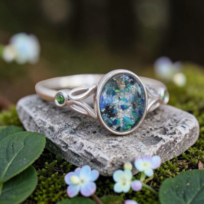 The “Flora” Ring • Floral Accent Glass Cremation Ring for Ashes