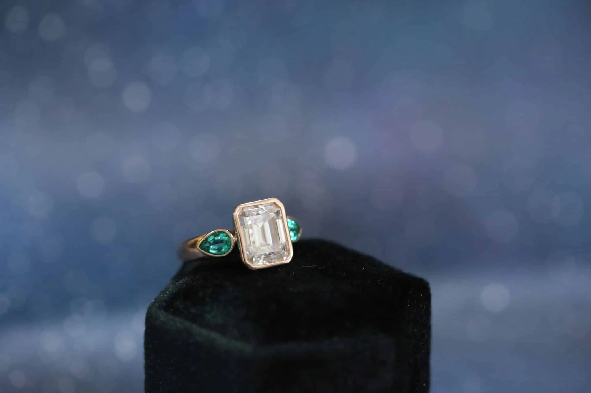 The “Alicia” Ring • Emerald Cut Moissanite With Pear Side Stones Cremation Ring for Ashes