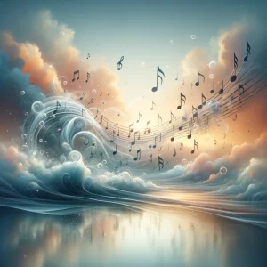 Grief Music Finder App Thumbnail with AI Image of waves crashing on a surreal ocean surface almost looking like a mirror. Notes floating above a very beautiful serene sunset with blue, orange and yellow hues.