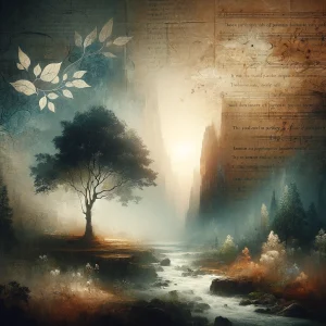 Grief Poetry Finder App with river painting and trees, very beautiful soft lighting with faint text of a poem in the top right.