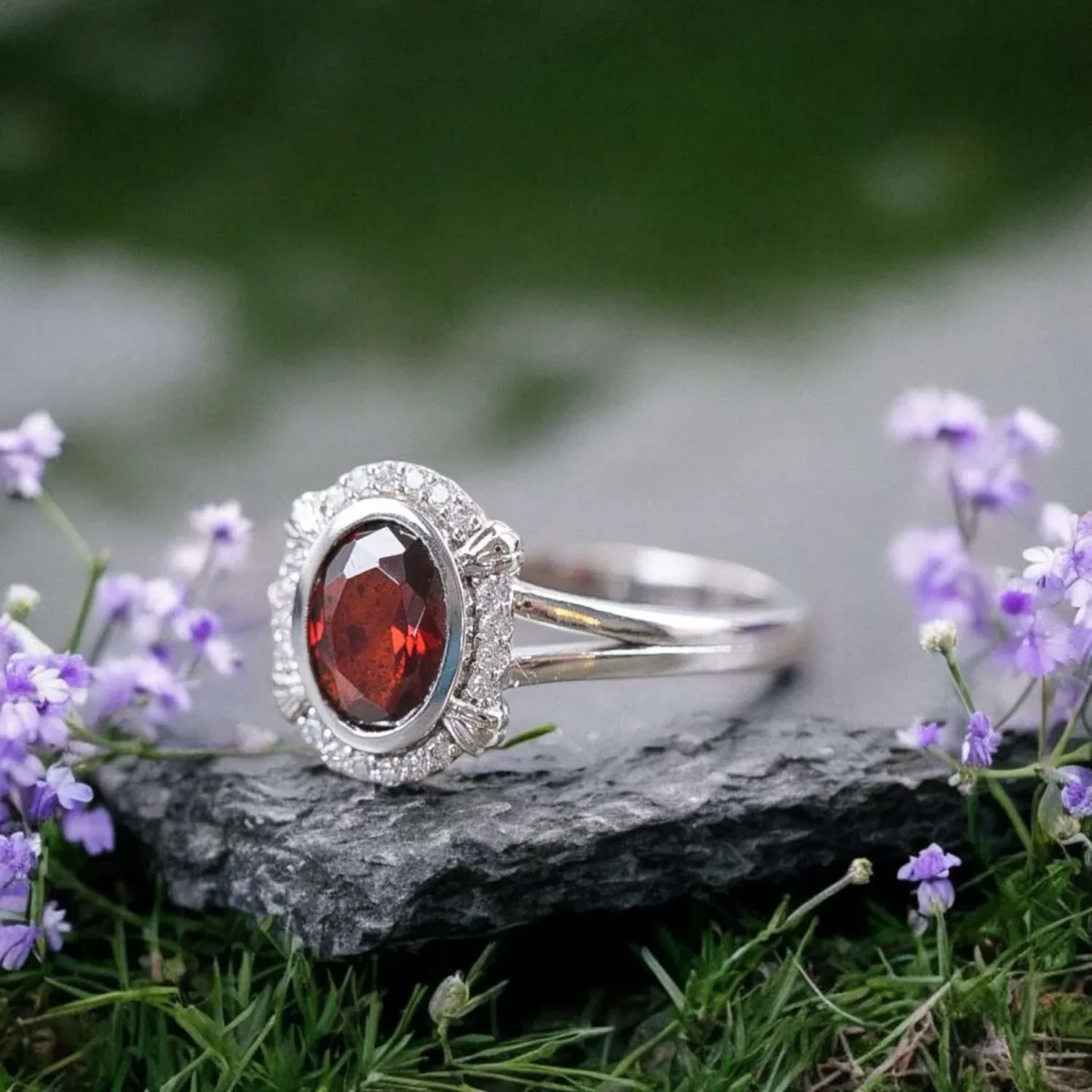 Garnet Cubic Zirconia Cremation Ring, Oval Cut