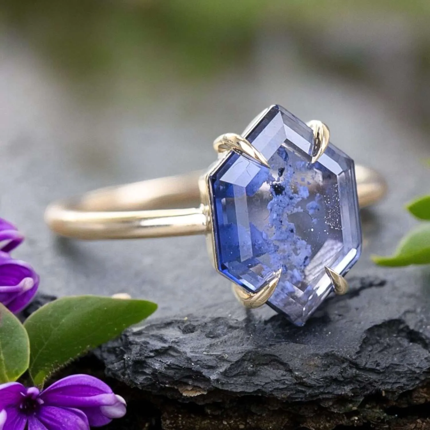 Lab Blue Sapphire Cremation Ring, Portrait Hexagon Cut