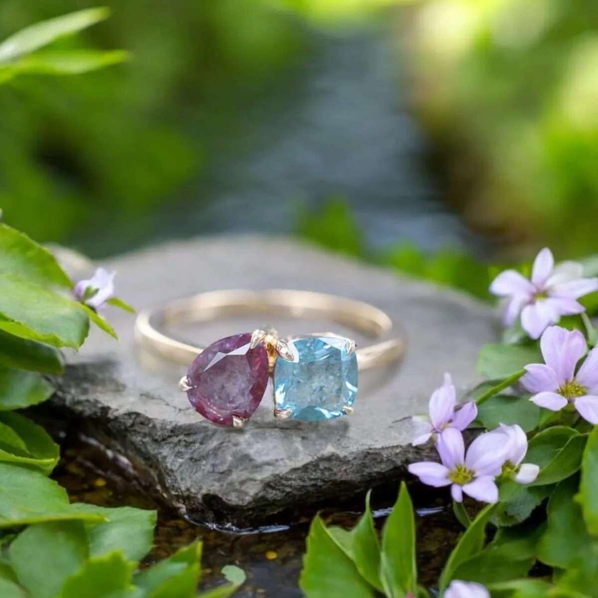 Lab Alexandrite Pear Cut Cremation Ring, Blue Topaz Cubic Zirconia Cushion Cut