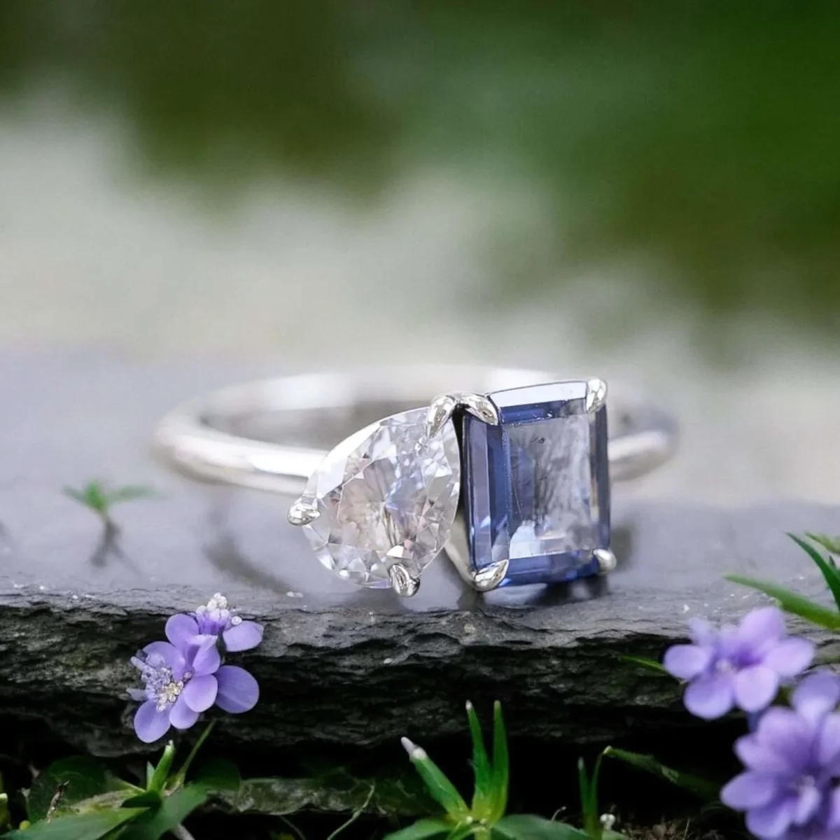 Clear Cubic Zirconia Pear Cut Cremation Ring, Tanzanite Cubic Zirconia Emerald Cut
