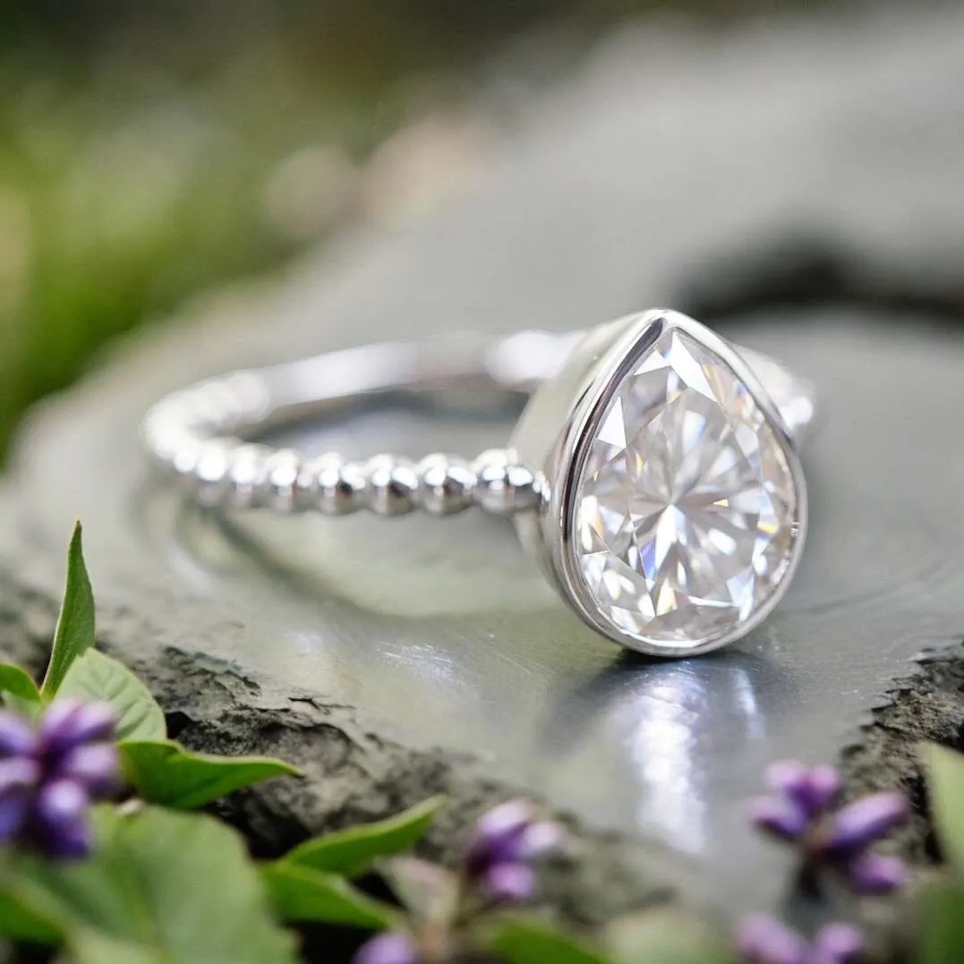 Clear Moissanite Cremation Ring, Pear Cut