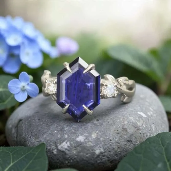 The “Iris IV” Ring • 9x13mm Elongated Hexagon Moissanite with Floral Band Cremation Ring for Ashes