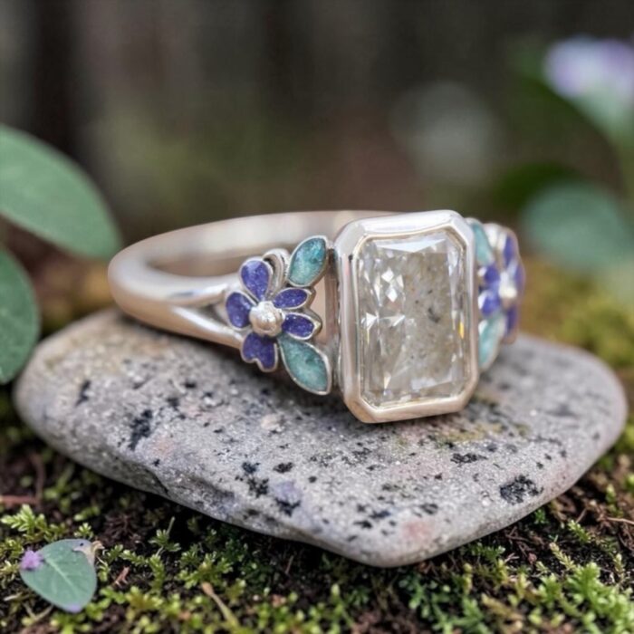 The “Dahlia” Ring • Lab Diamond Enameled Floral Accent Cremation Ring for Ashes