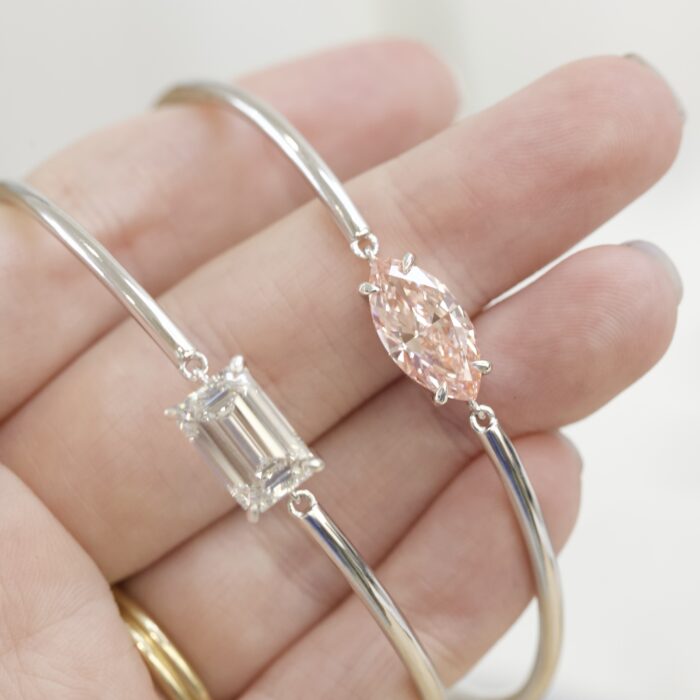 Custom Listing • 7” Sterling Bangle with 9x11mm Emerald Cut Light Aqua Blue CZ