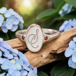 Sample Sale • Sterling Silver • Size 7 • "S" Ash Inlay and Garnet CZ Accents