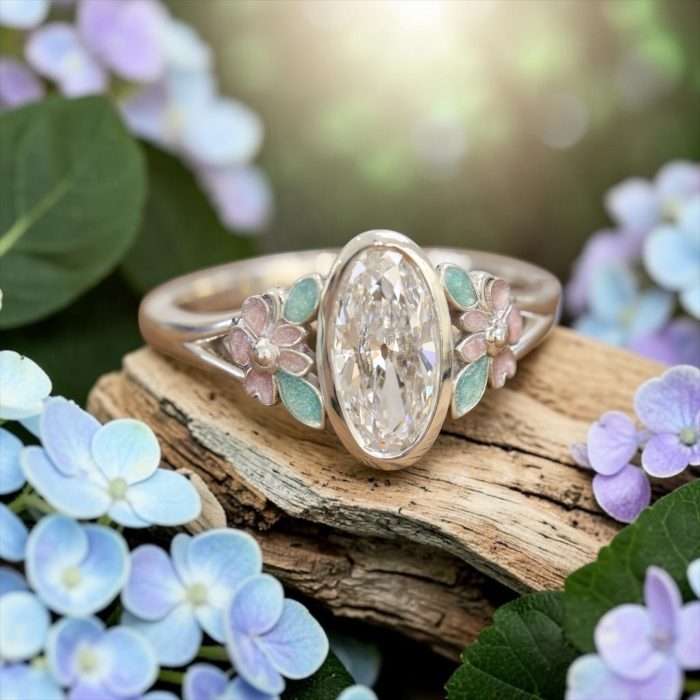 Sample Sale • Dahlia Ring • Sterling Silver • Size 7 • 1 Carat lab Diamond Enameled Floral Accent Cremation Ring for Ashes